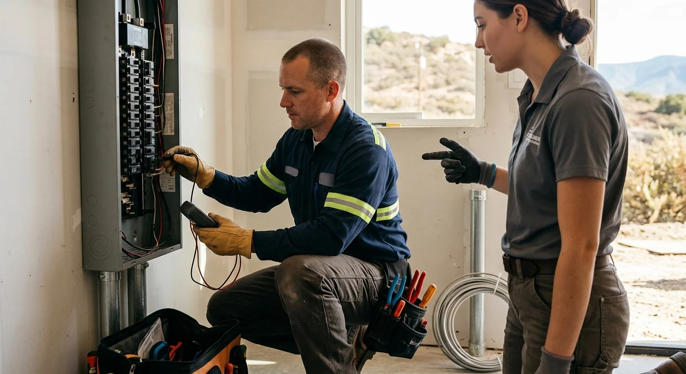 Electrician inspecting a residential electrical panel during an upgrade assessment in Lake Elsinore