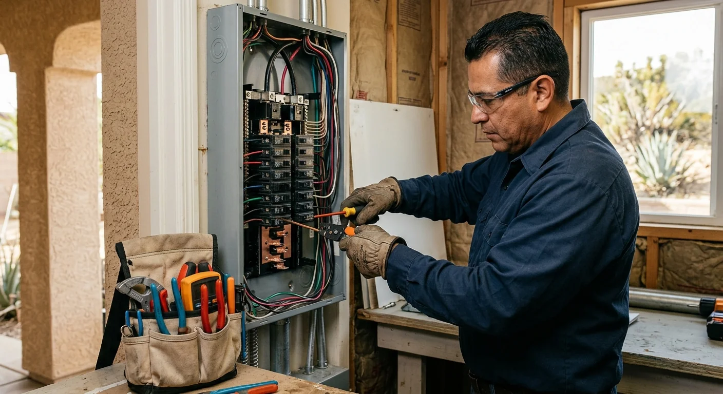 Newly upgraded 200-amp electrical panel with labeled breakers in a Lake Elsinore home
