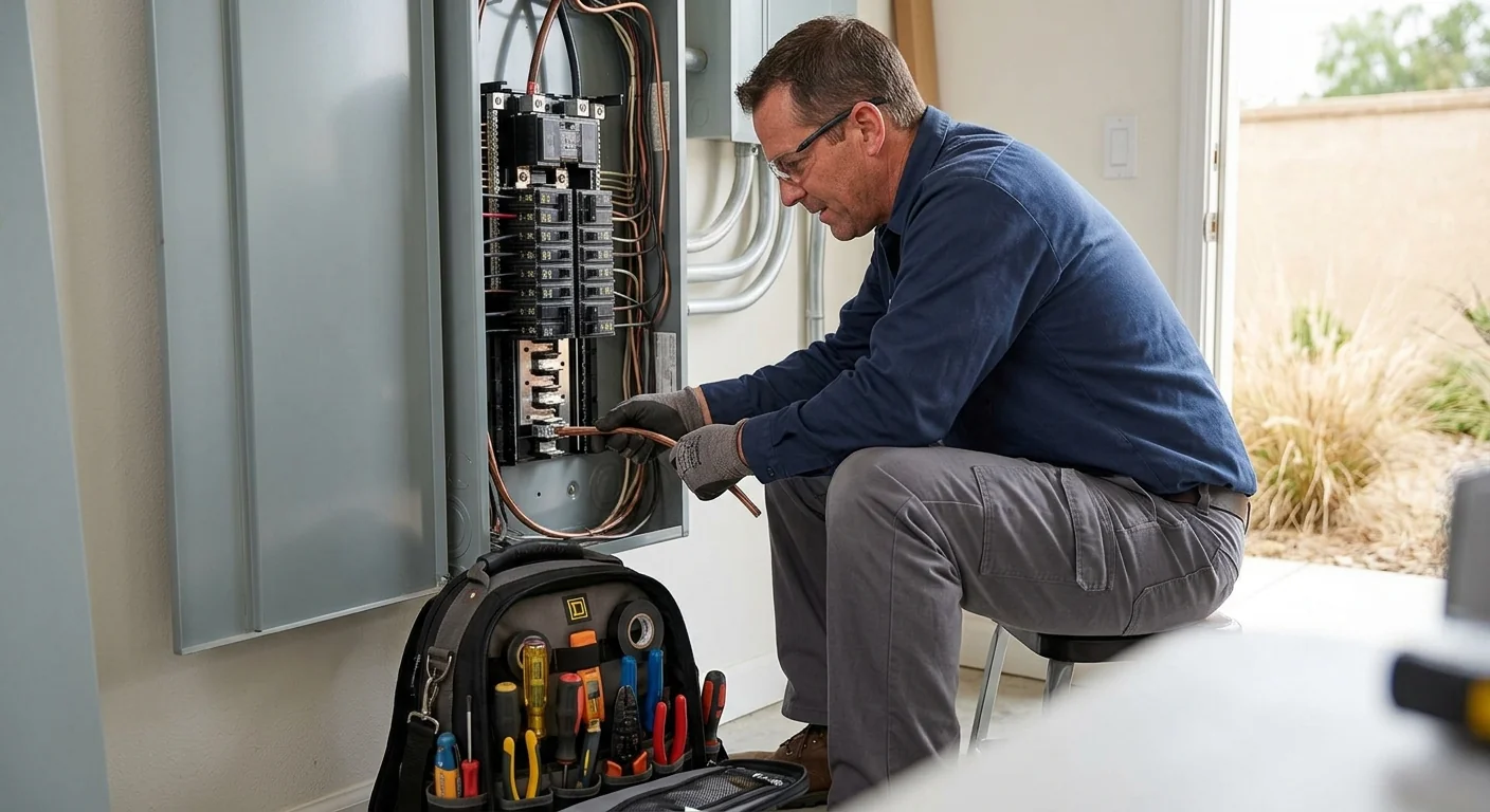 Electrician checking service panel breakers during a home inspection in Lake Elsinore