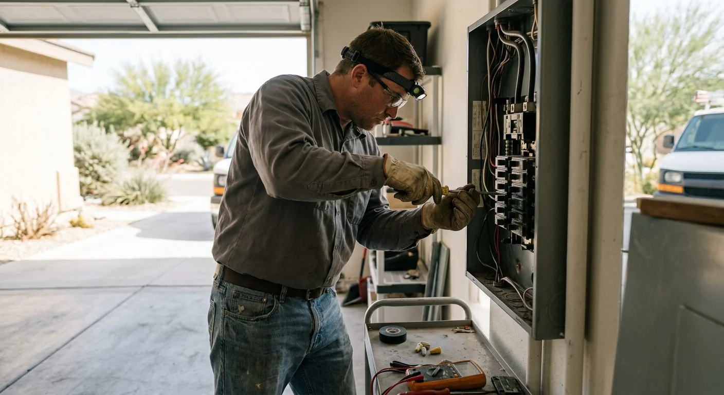 Electrician reviewing panel and circuit condition during a Lake Elsinore electrical inspection
