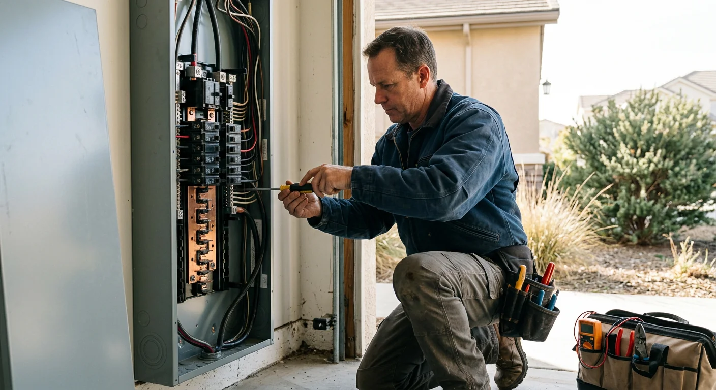 Technician reviewing inspection report with homeowner at the panel