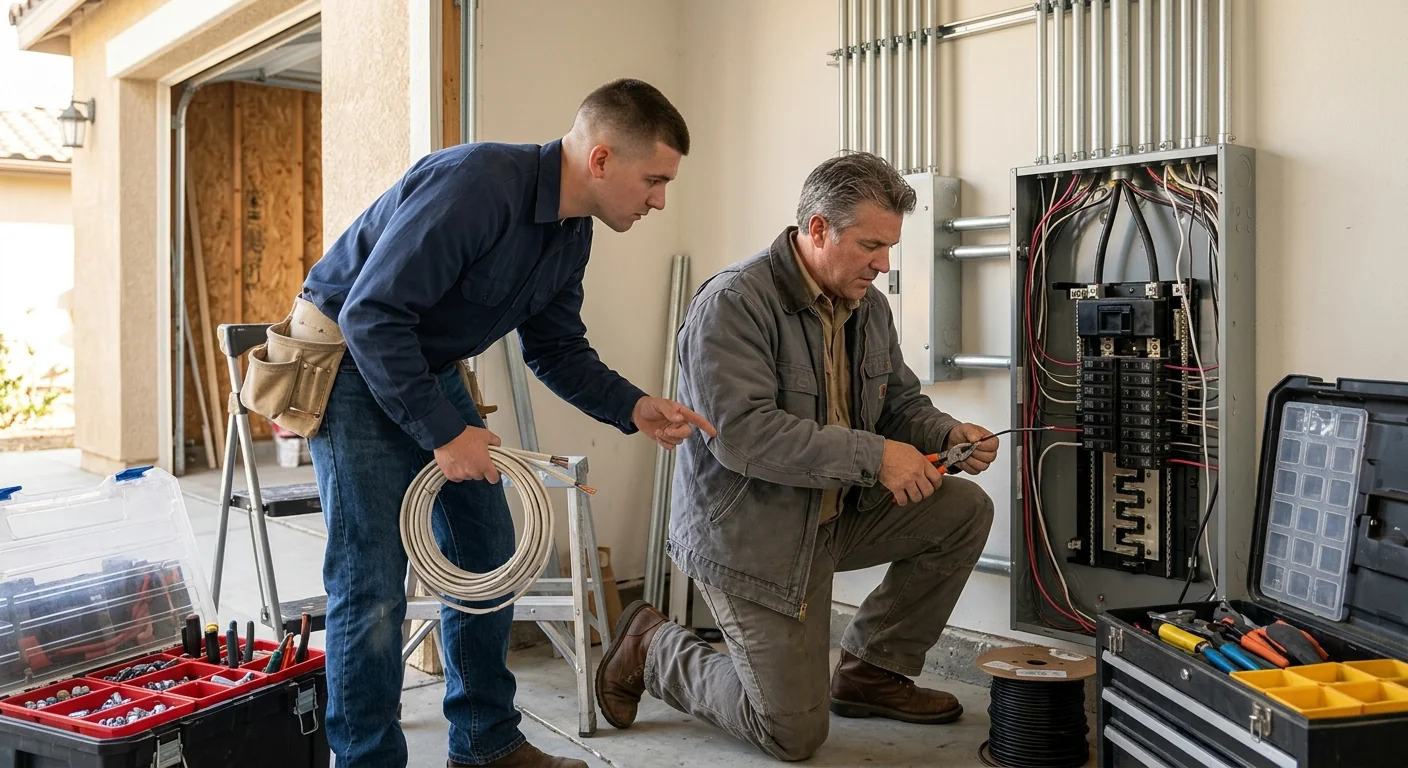 Electrician inspecting aging service panel in a Lake Elsinore home