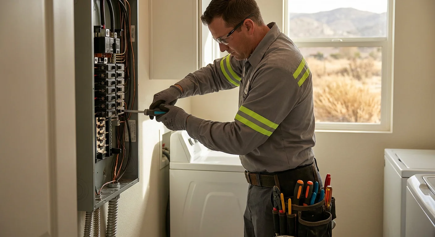 Licensed electrician inspecting a residential electrical panel in Lake Elsinore during a service upgrade