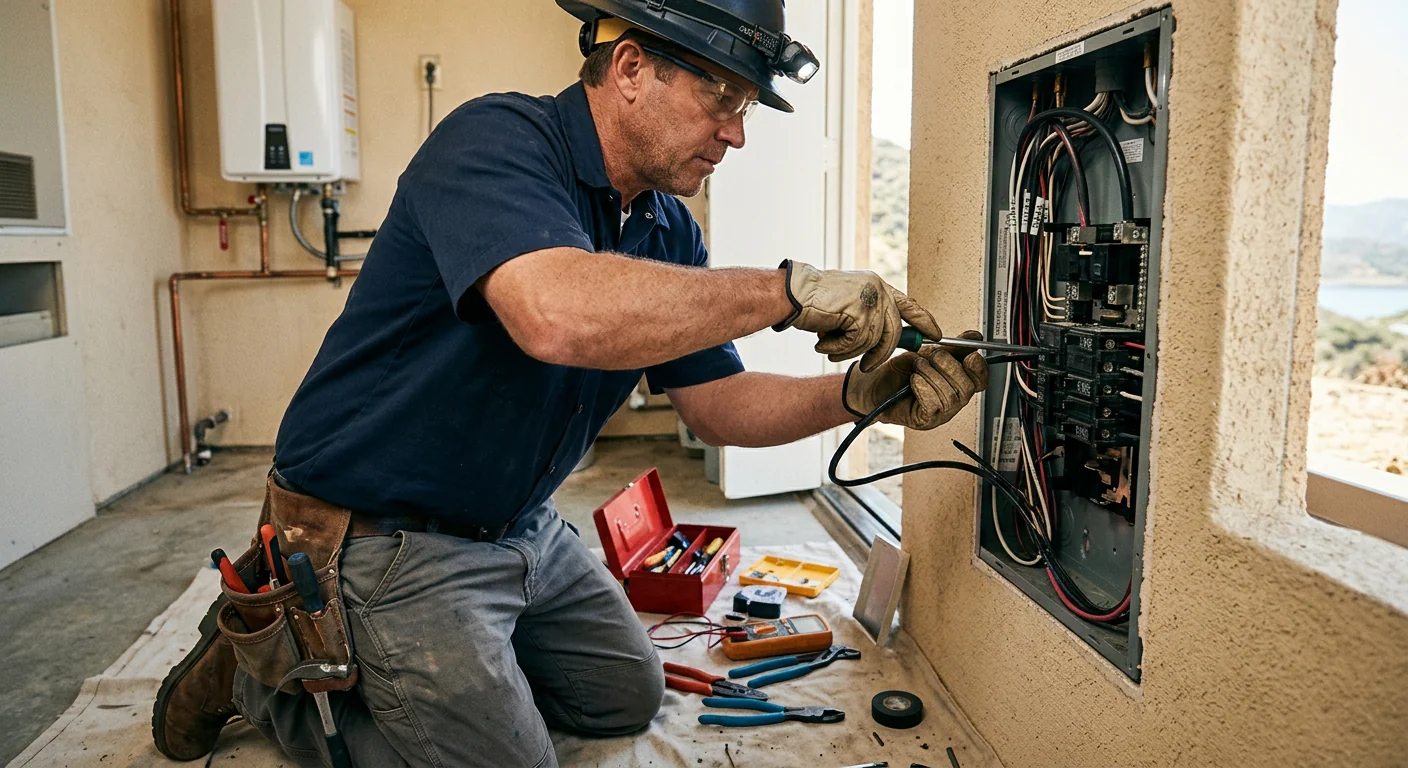 Electrician diagnosing an emergency panel fault in a Lake Elsinore home