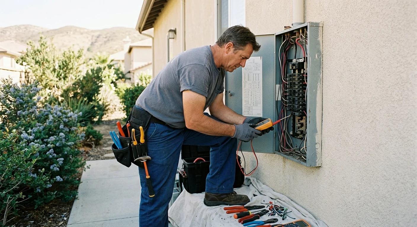 Electrician diagnosing an emergency panel fault at a Lake Elsinore home at night