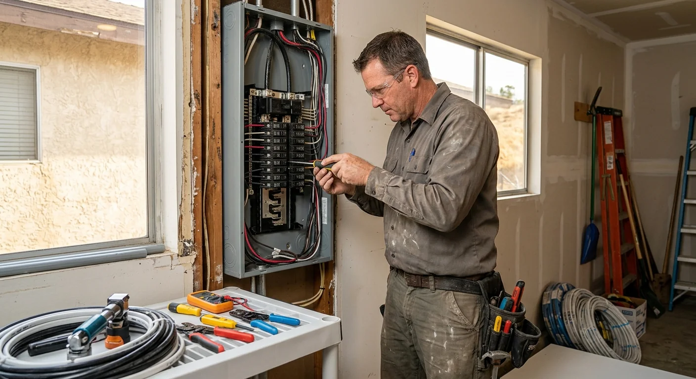 Electrician replacing a damaged breaker during emergency repair in Lake Elsinore