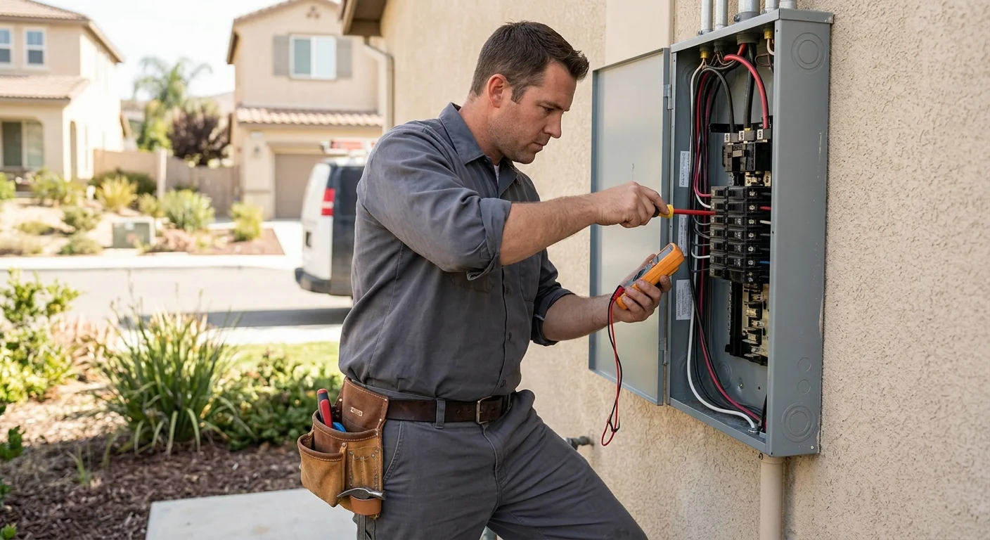 Electrician measuring conduit run for EV charger install in a Lake Elsinore garage
