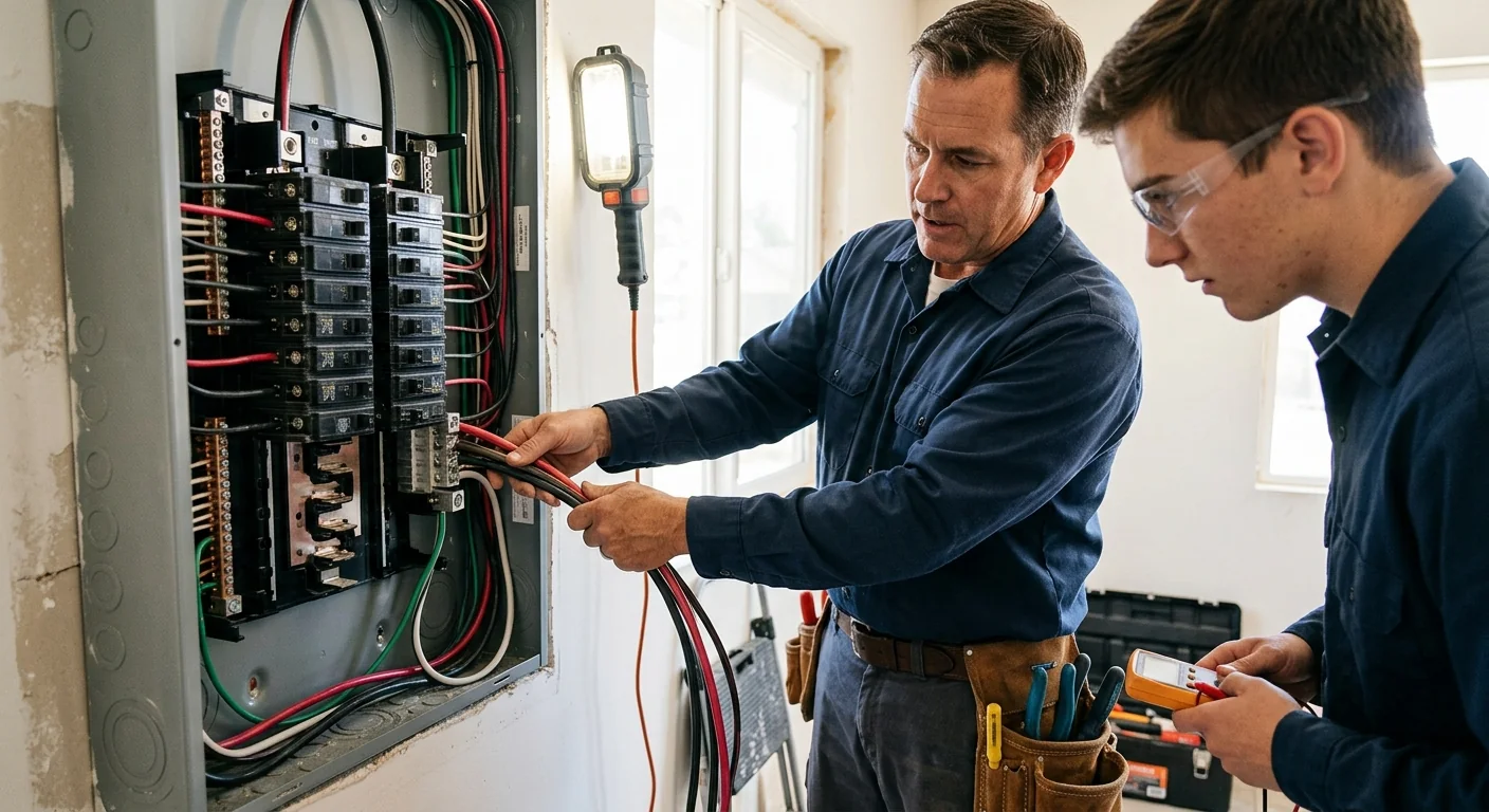 Technician wiring a dedicated 240-volt circuit for a home EV charger