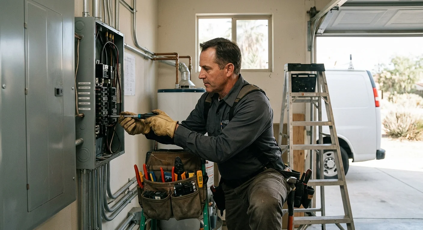 Technician assessing standby generator placement beside a Lake Elsinore home