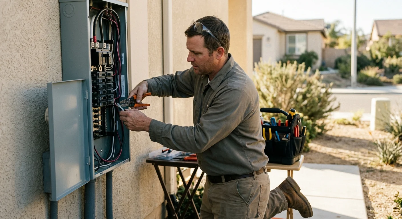 Installed standby generator wired to a labeled transfer switch panel