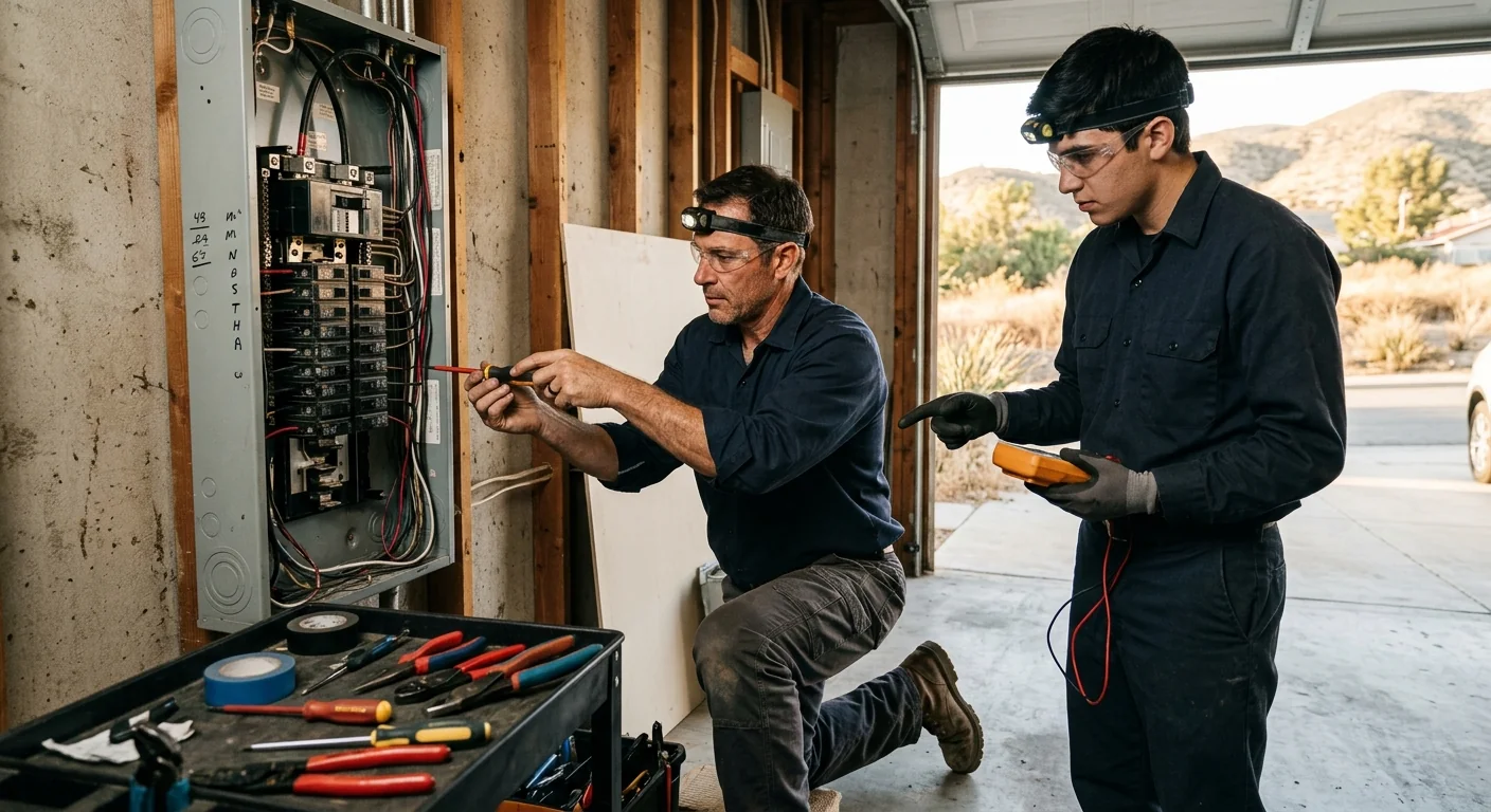 Electrician measuring circuit runs during a house rewiring estimate in Lake Elsinore