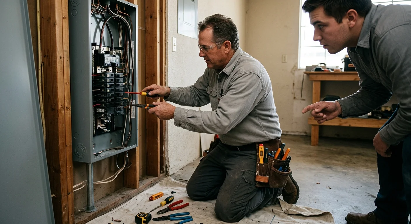 Electrician reviewing a house rewiring estimate with a Lake Elsinore homeowner at the panel