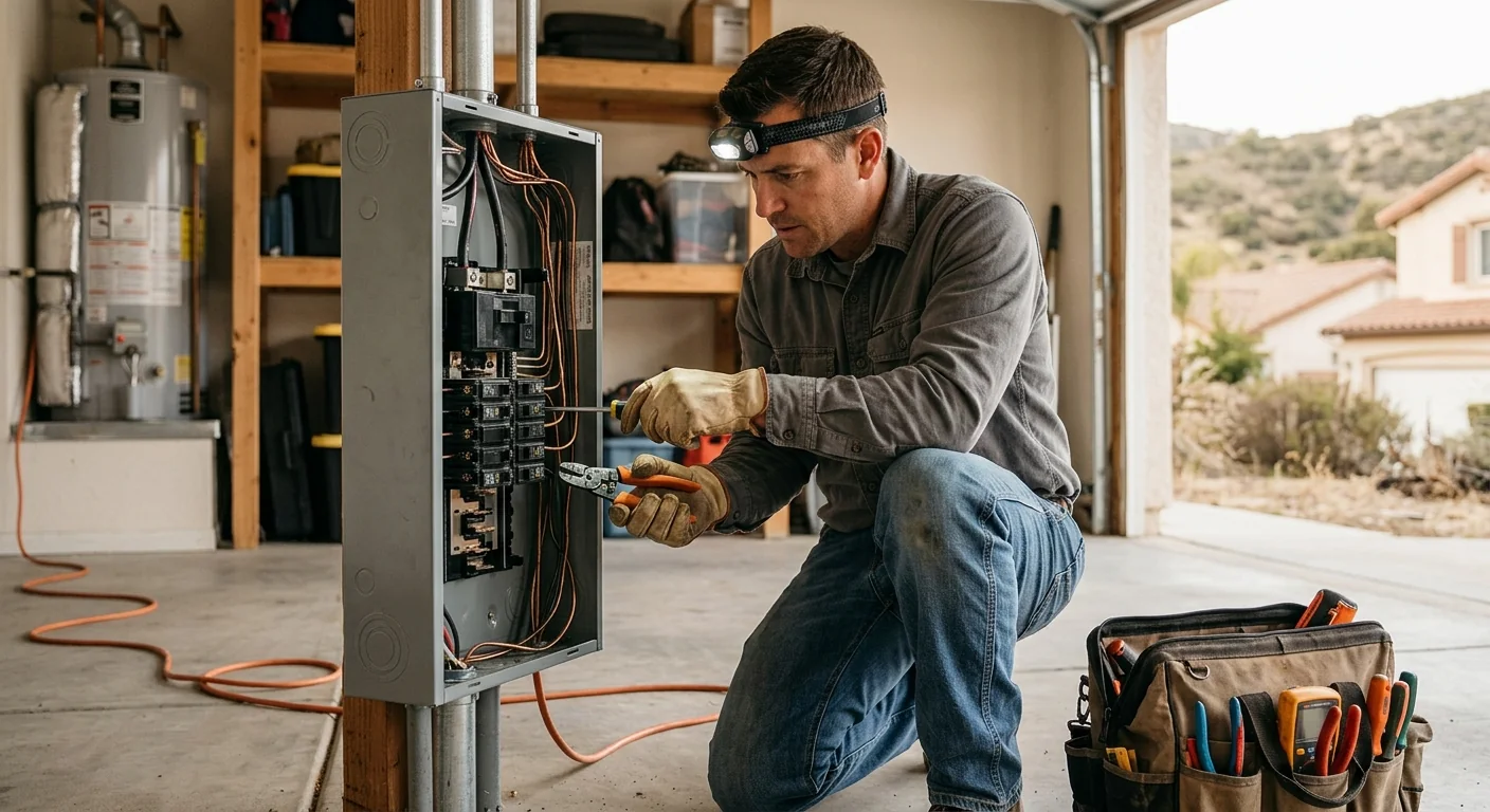 Electrician installing new copper wiring in a Lake Elsinore home rewiring project