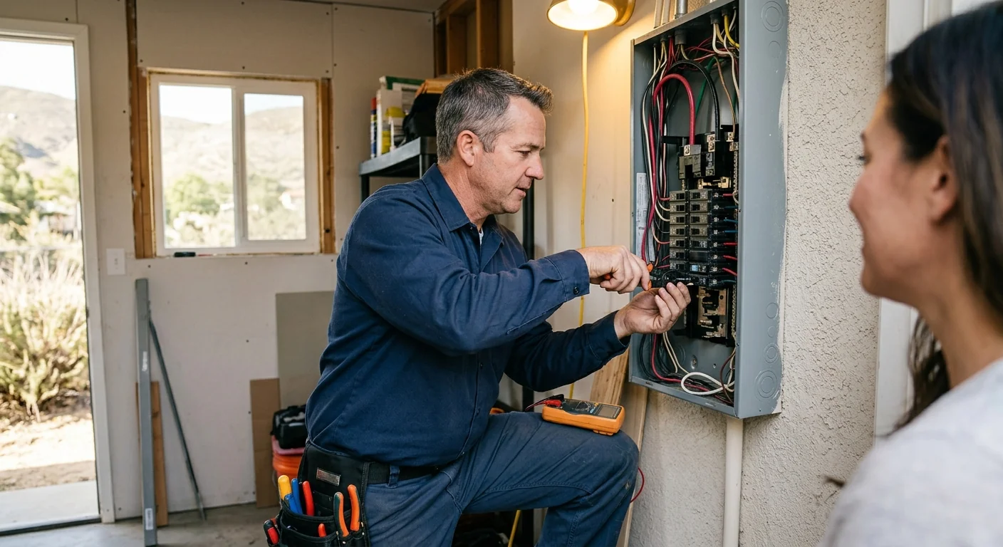 Technician wiring recessed lighting fixtures in a Lake Elsinore home ceiling