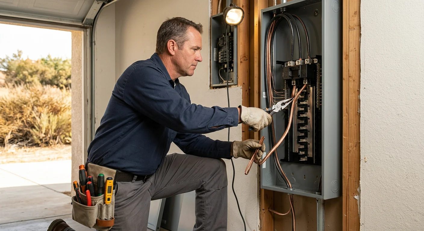 Electrician installing a wall outlet in a Lake Elsinore home during a service visit